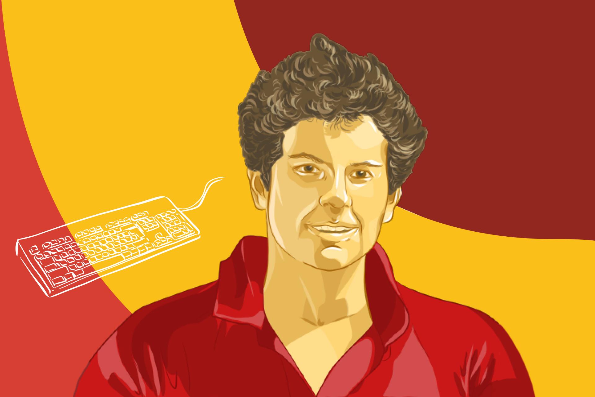 Illustration du bienheureux Carlo Acutis, sur fond rouge et jaune. Sur le côté gauche, dessin d'un clavier de PC.