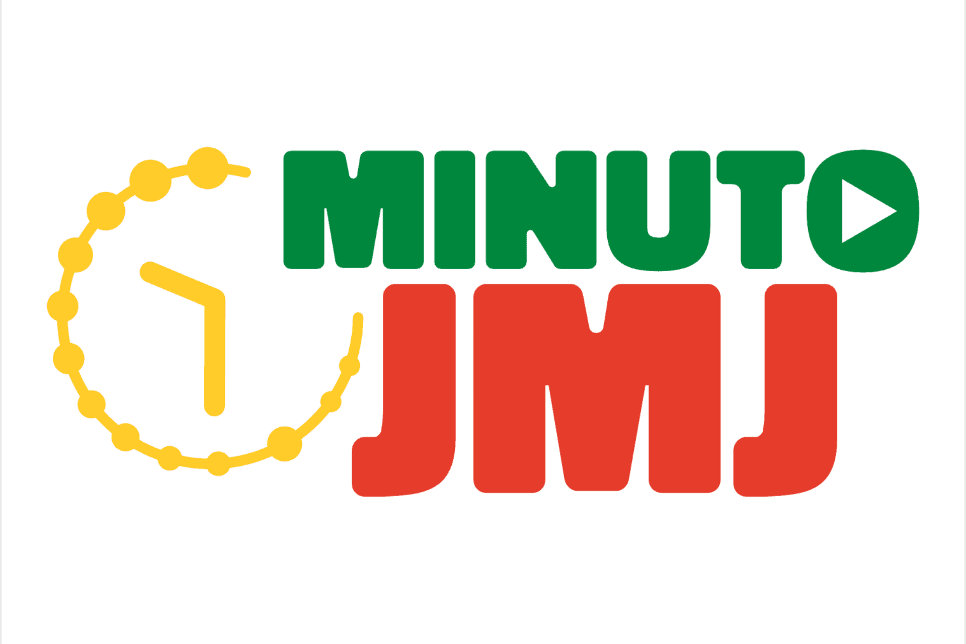 Logotipo do minuto JMJ. À esquerda, relógio feito com as contas do terço da JMJ Lisboa 2023. Relógio sobreposto com a palara Minuto que, no O, tem o símbolo do play lá dentro. Por baixo, está escrito JMJ